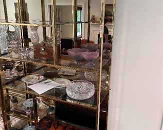 Pair gold finish shelf units