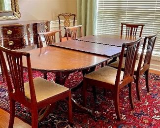 Available to be purchased Pre-Sale Online by Phone/Text: 256-335-9917. Stunning Duncan Phyfe Premier Antique Table with Inlay around table edge as well as on the 3 leafs. Triple tier pedestals. Total length with all 3 leafs is 136.” There is a roller missing under one of the feet of the table. Table Only $1,950 is 25% off price. Chairs Listed Separately 