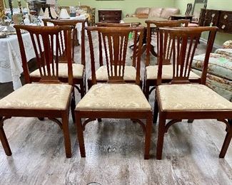 Description on original receipt dated 6/8/95, from Valerie Fursdon, Inc. Antiques & Fine Art: “Fine & rare set of six Chippendale chairs. Paper Volute back, circa 1780 English Walnut & Mahogany Wood. (4) Chairs have the same style “Paper Scroll” design. (2) Chairs have a similar “Scroll” design. It is possible these are handmade or custom ordered, as one of the chairs is shorter in length on the legs. 
Paid $6,052.50
Estate Sale Price $3,500