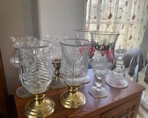 Painted glass candle holders (2); Brass and crystal candle holders (2); Glass and metal candle holders (2) 