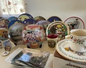 Lenox Holiday Plates and Cups - Disney Christmas 'A Carolin' We Go'  - Set of 4; Thomas Kinkade - Lamplighter square porcelain plates Set of 3