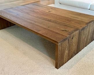 OAK BRÛLÉ WATERFALL COFFEE TABLE.Truly an amazing table with natural wood grains and design bringing a little bit of nature into your home. From the Restoration Hardware website; Echoing the American Studio Crafts movement of the 1970s, our collection from designer Luay Al-Rawi imbues pure form with the textural richness of European oak. Minimalist silhouettes and traditional joinery give full expression to the wood, replete with the inherent knots, cracks and grain patterning that make each piece one of a kind.
Measures 67" x 43" x 16"