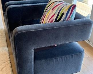 Pair of Restoration Hardware Drew Swiveling Chairs in Vintage Velvet Twilight. Pair of eye catching lovely chairs that provide a wonderful focal point for any room! In very good condition with light wear.