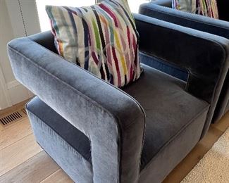 Pair of Restoration Hardware Drew Swiveling Chairs in Vintage Velvet Twilight. Pair of eye catching lovely chairs that provide a wonderful focal point for any room! In very good condition with light wear.