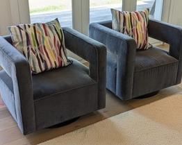 Pair of Restoration Hardware Drew Swiveling Chairs in Vintage Velvet Twilight. Pair of eye catching lovely chairs that provide a wonderful focal point for any room! In very good condition with light wear.