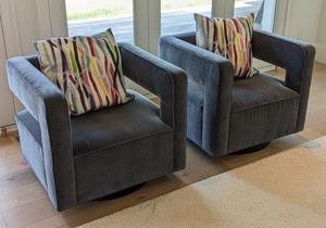 Pair of Restoration Hardware Drew Swiveling Chairs in Vintage Velvet Twilight. Pair of eye catching lovely chairs that provide a wonderful focal point for any room! In very good condition with light wear. 