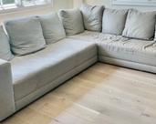 This Remarkable Room and Board Sectional measures 32 inches tall and is 43 inches deep. The right side measures 102 inches and the left side measures 118 inches. This sectional has some stains but still has a lot of life left in it!