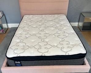 Restoration Hardware Pfeiffer Velvet Upholstered Full Bed Frame. The footboard measures 58 inches wide. The quality Sealy Performance mattress can be taken if the winning bidder so chooses. There is a stain on one of the side boards of the bed frame.