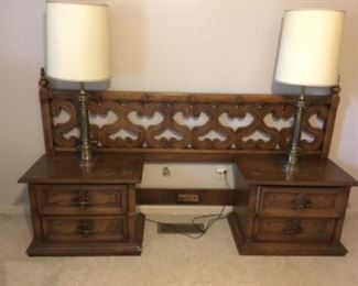 Two end tables, headboard And rails, 2 tall lamps 