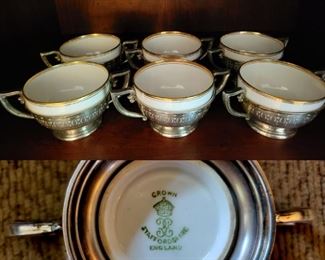 Set of 6 Crown Stafforshire porcelain desert cups (boullion bowls) in Sterling Silver handled nests $175 or bid #21 