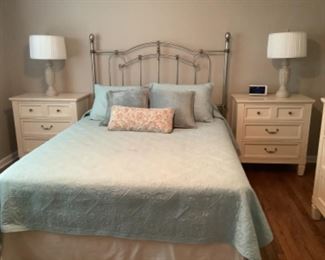 Brand new Lane night stands measure 30” w x 32” d x 33” h. $125 each.  Queen metal headboard is 59” high. Includes mattress and box springs and frame.  $200.