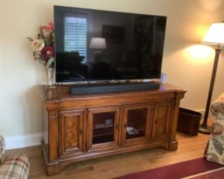 Thomasville media cabinet measures 20” d x 30” tall x 5’ l.   15 yr old. In excellent shape. $295.     Sony TV is 55” flatscreen smart tv, with sound bar.  3 yr old.