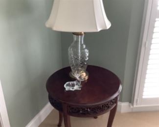 Pr of glass lamps.  Round end table presale $85. Measures 24” round.