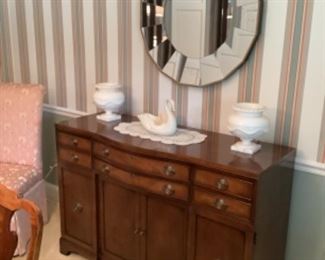 Antique buffet….measures 54” l x 36” h x 19” d.  Mirror is 31” round.  Presale on buffet is $285 and mirror is $65