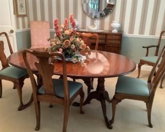 40 yr old beautiful Toms price dining room table and chairs.  Measures 44” w x 66” l .  Has two leaves that measure 12” each.  Has table protective pads.  Six chairs.  Presale $375