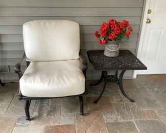 Matching chair and side table. Measures 30” d x 36” h x 28” w.  Table is 24” square (part of set)