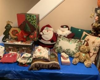 Christmas pillows, linens, boxes, bears etc