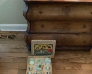 Collectible antique children’s dishes plus cups and saucers