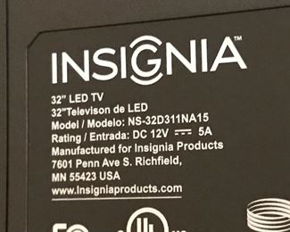 #20	Insignia Flat Screen TV w/remote - 32"  - Model MS32D311NA	 $75.00 

