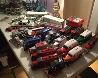 Toy trucks, banks, cars