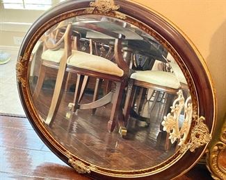 Vintage Tiger Wood Oval Beveled Mirror with Gold Gilt Carvings.