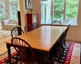 Item 5:  Farm Table with 8 Wheat Back Chairs:  $745                                                        Chairs - (2 navy, 2 maroon, 2 green & 2 black) - 17.5"l x 15.25"w x 38"h                                                                                                 Table -  90"l x 42"w x 29.5"h & two 15" leaves (measured with both leaves)