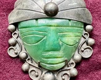 Item 13:  Sterling & Green Stone Face Pin - 2.5": $75