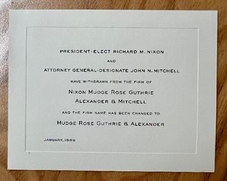 Card indicating the withdrawal of Nixon and Mitchell from the firm of Nixon Mudge Rose Guthrie Alexander & Mitchel, 1969