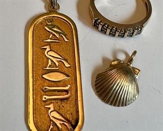 14K gold Egyptian Pendant, Shell Pendant and Ring with Diamonds
