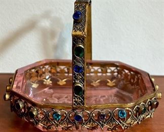 Etched, Bejeweled Pink Glass Basket
