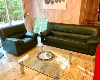 Vintage Forest Green Leather Sofa and Arm Chair