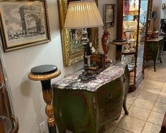 Chinoiserie Chest,  Empire Painted Pedestals,  Engravings 