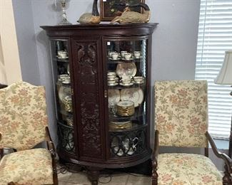 Walnut Highback William and Mary Chairs, Hand Carved China Cabinet,  Glinda Turley GiClee’, Baccarat Lamp,  Decorator Geese