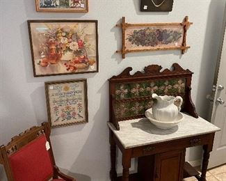 Needle work samplers, Glinda Turley Print, cupid awake antique picture , Original watercolor, antique washstand and Victorian chair