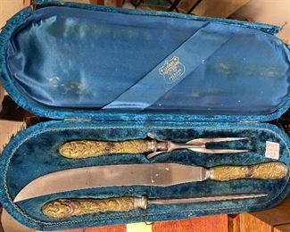 Antique Brass and Silver Chinese Zodiac Carving Set. 