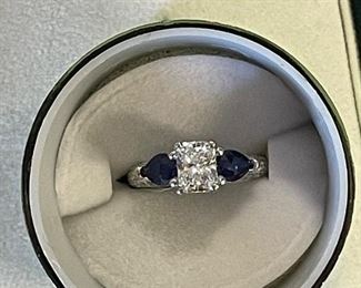 1.5 ct Radiant Cut Diamond Center stone, Ceylon Sapphire   Platinum Ring