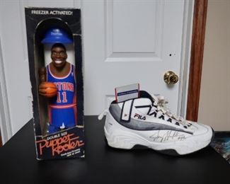 Isiah Thomas signed puppet rooster/ Jerry Stackhouse signed game-worn shoe
