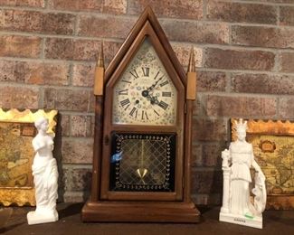 Early American "steeple" clock by New England Clock Co. - with Athena and Venus de Milo.