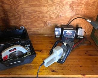 bench grinder, circular saw and case, hedge trimmer