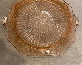 Pink Depression Glass handled cake plate