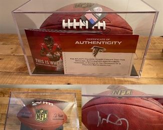 Signed Atlanta Falcons Football with Certificate of Authenticity in Display Case