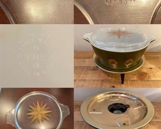 Vintage Pyrex 475-C15 Atomic Covered Casserole & Warming Stand