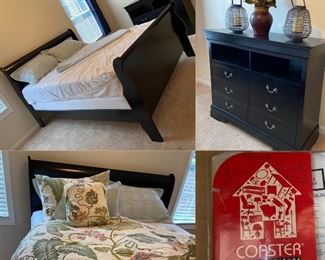 Coaster fine Furniture Queen Black Sleigh Bed nearly new Boxspring/Mattress & Matching Dresser