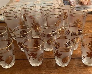 Vintage Mid-Century Autumn Gold Leaf Libby 16 pc Frosted Tumblers Set