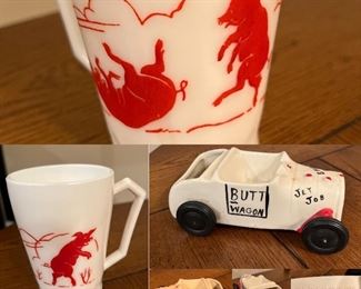 Single 1950’s Milkglass Three Little Pigs Mug
Smoke House Butt Wagon Ashtray 75-100 years old