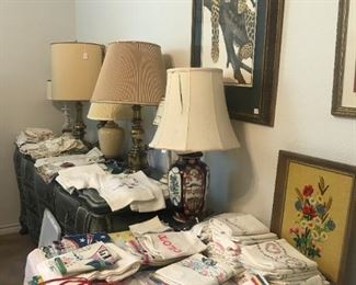 Lot of vintage linens and lamps
