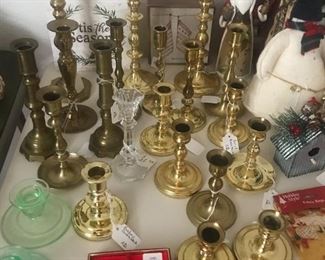Brass candlesticks, Glass candlesticks, Pottery candlesticks, Christmas decorations