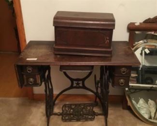 Bedroom- vintage “Domestic” treadle sewing machine - original cabinet with box cover - really neat!