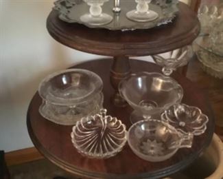 Tiered table with more glass collectibles & silver w pic tray