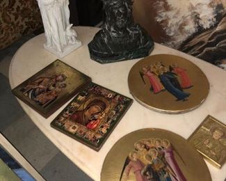 RELIGIOUS ANTIQUE ITEMS . GERMAN PORCELAIN, RUFLONY JESUS FIGURINE WITH MARBLE AND MORE 